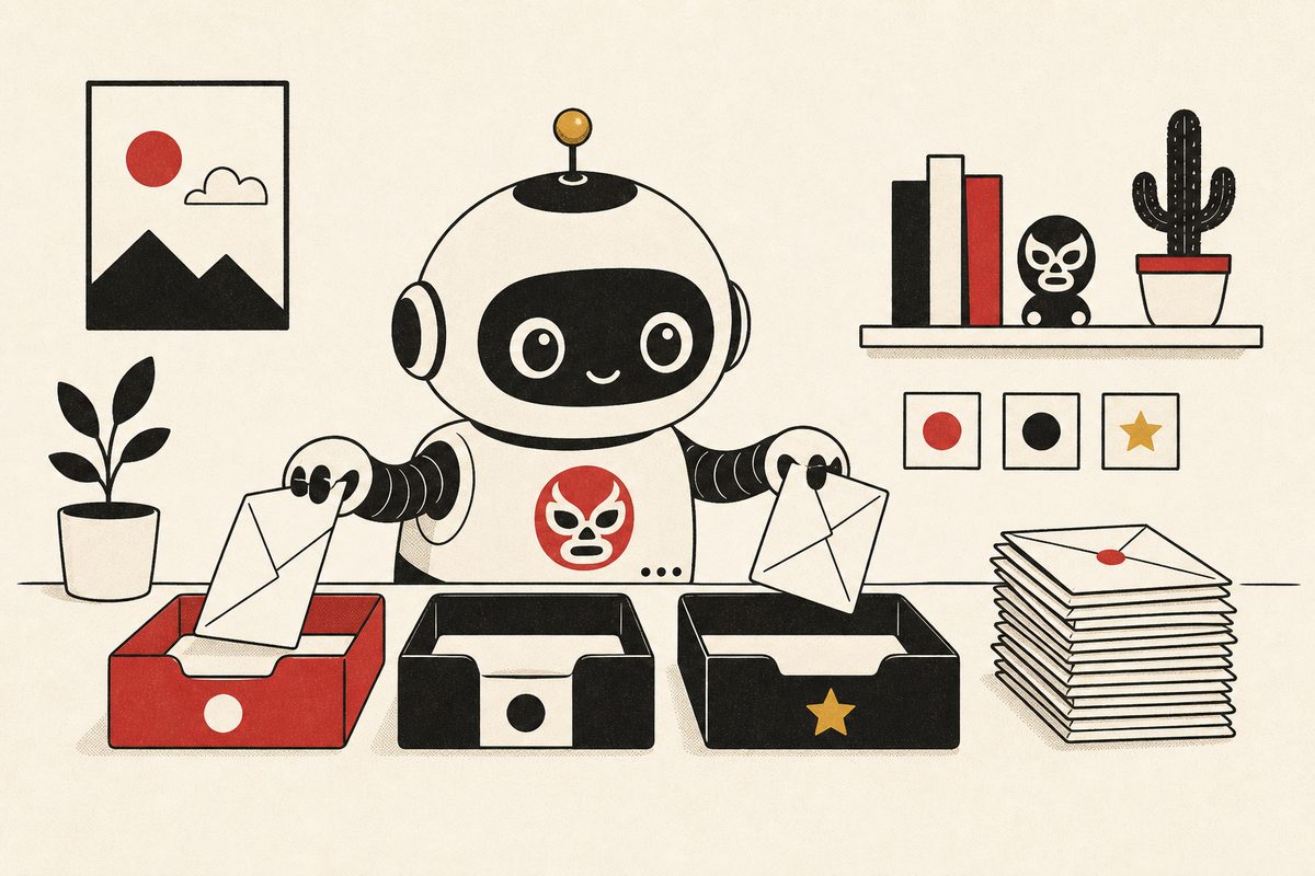 Un robot kawaii con la máscara de MailMask reparte sobres en tres bandejas