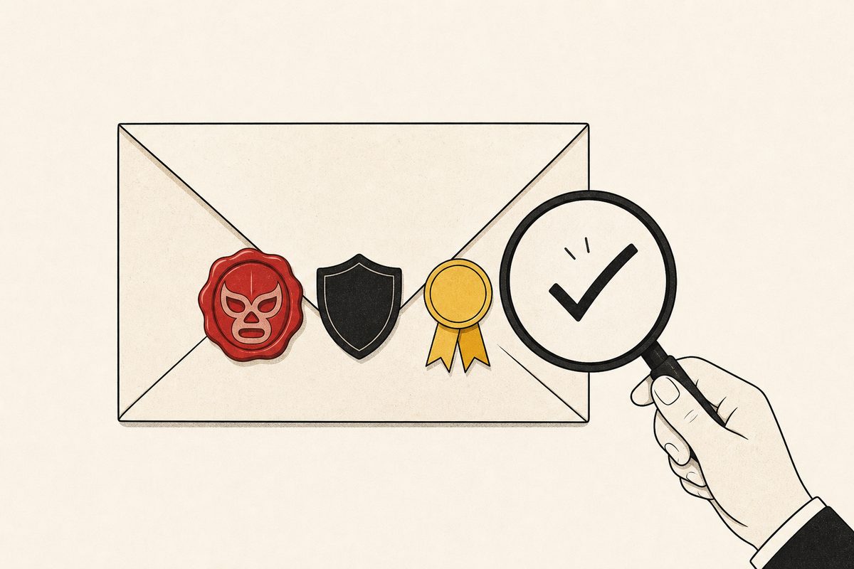 Un sobre con tres sellos y una lupa que los verifica
