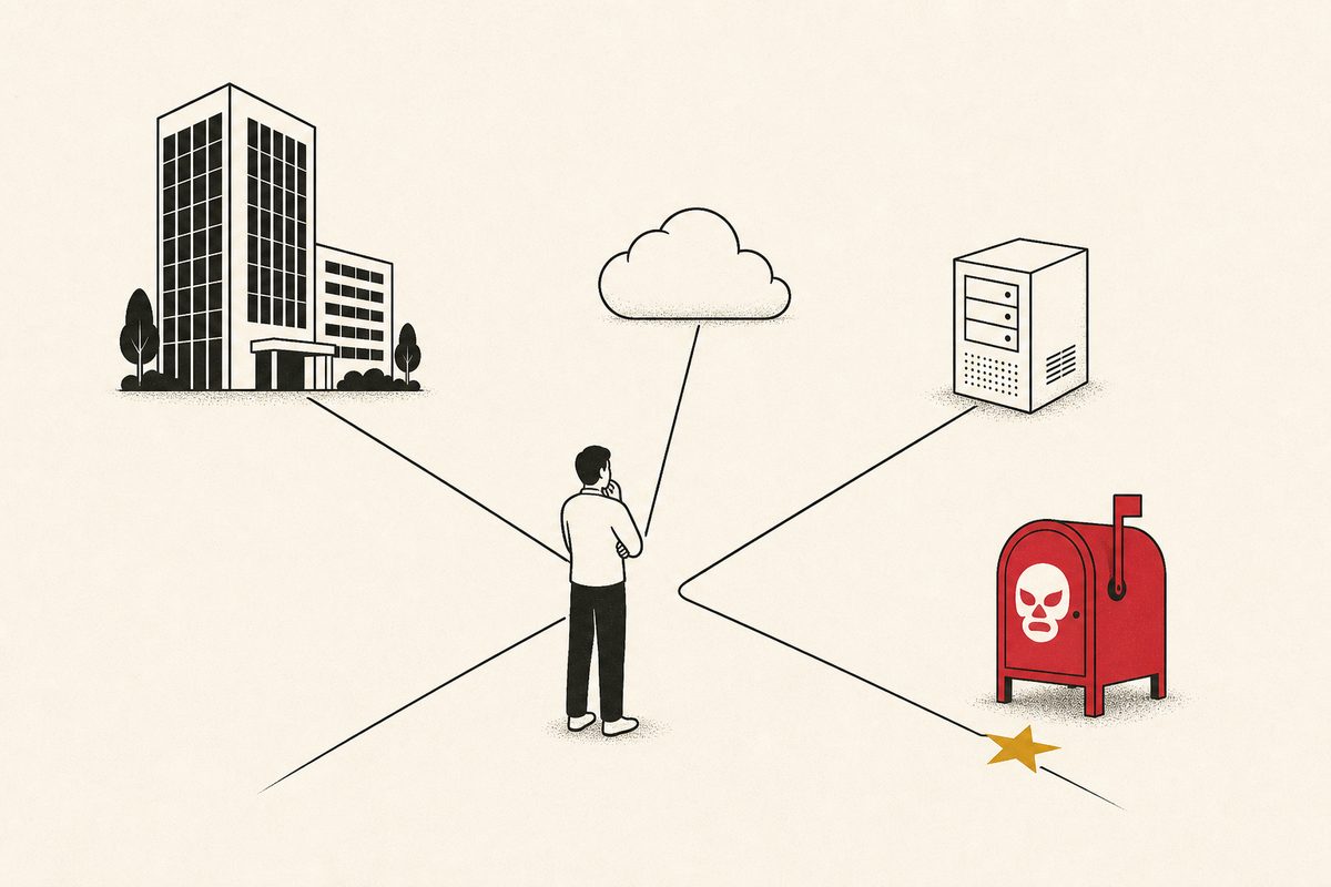 Una persona elige entre cuatro caminos: corporativo, nube, servidor propio y el buzón de MailMask