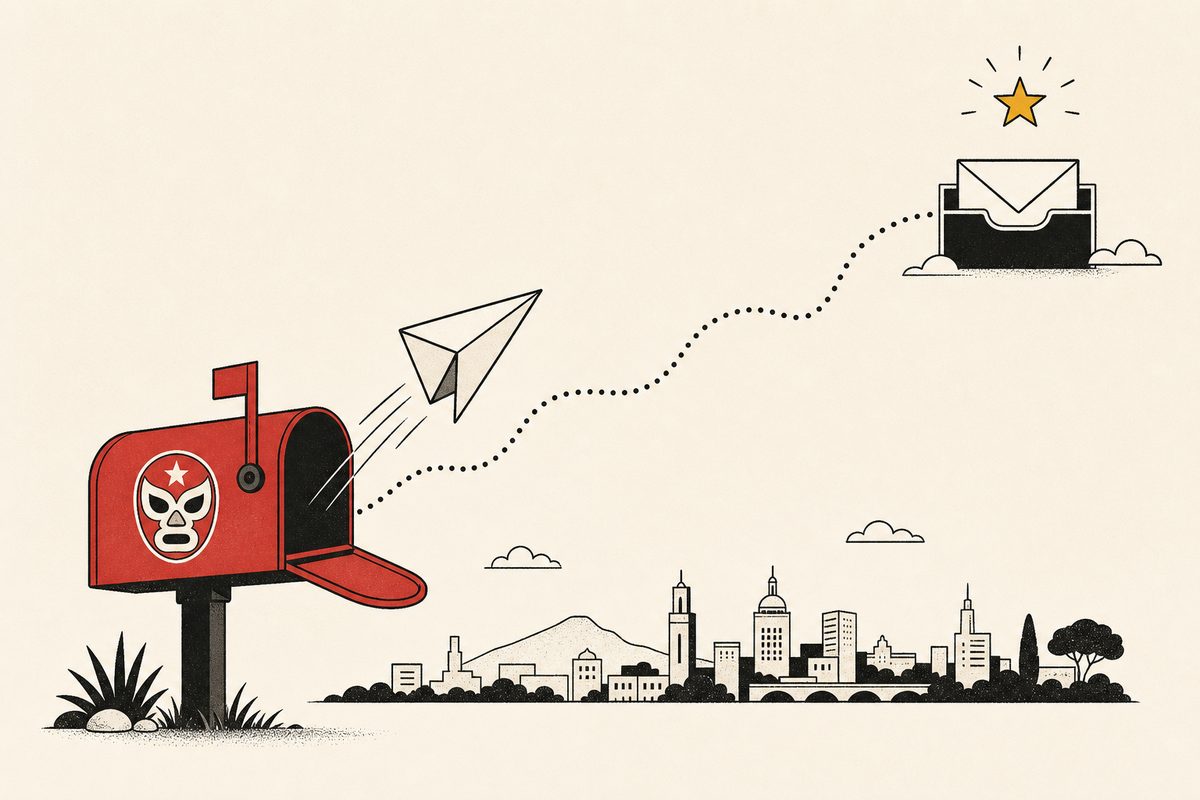 Un buzón con la máscara de MailMask lanza un sobre como avión de papel
