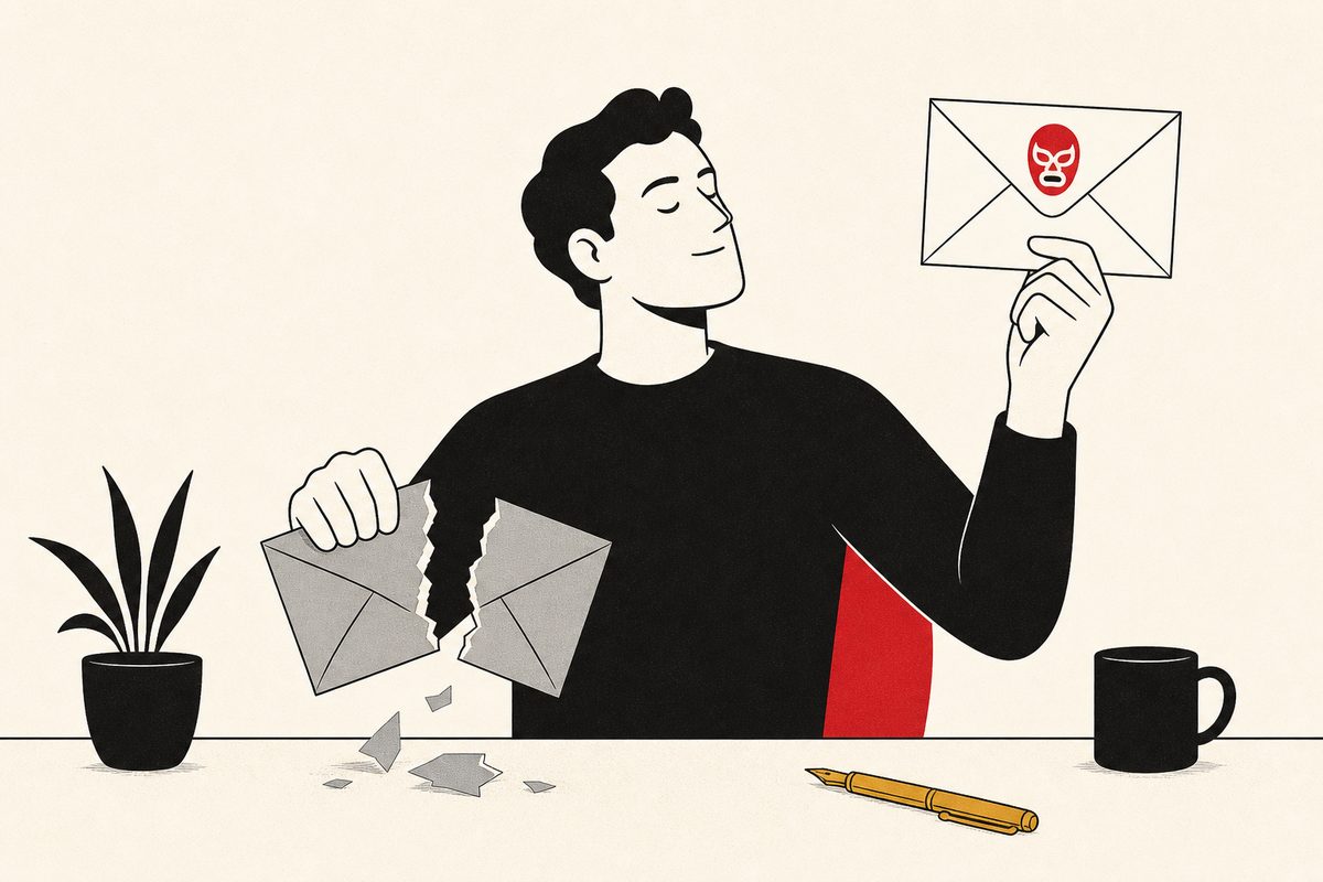 Una persona rompe un sobre genérico y levanta uno con la máscara de MailMask