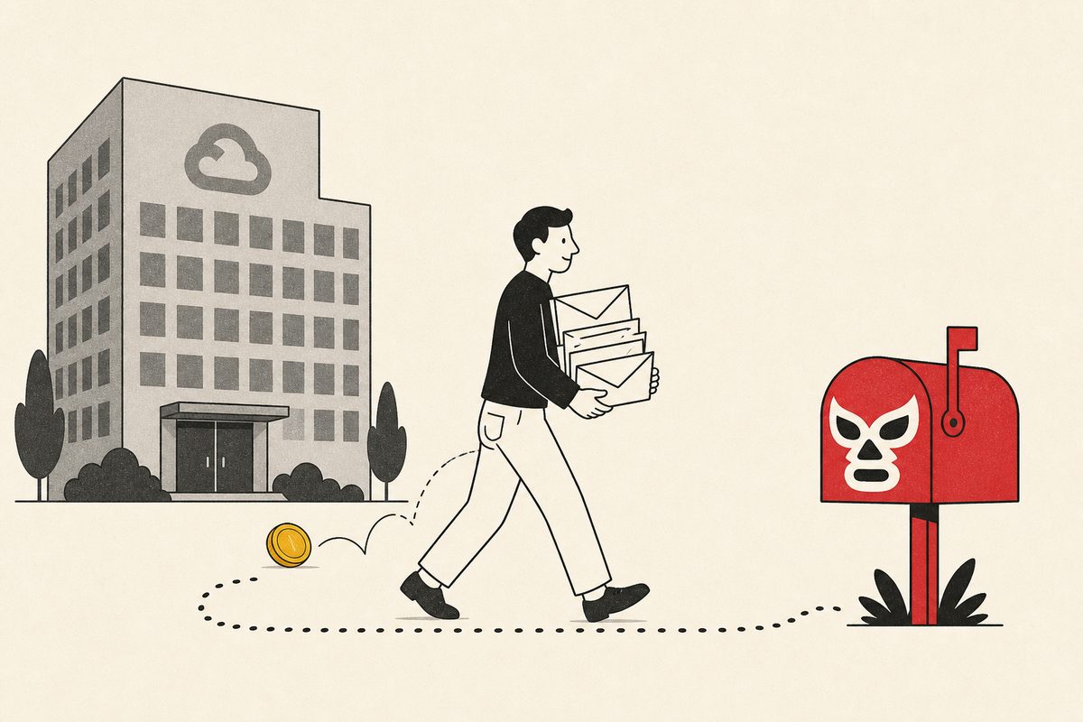 Una persona se muda de un edificio corporativo a un buzón con la máscara de MailMask