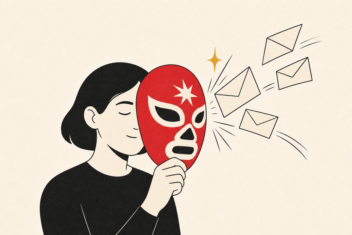 Una persona se protege con la máscara de MailMask mientras rebotan los sobres