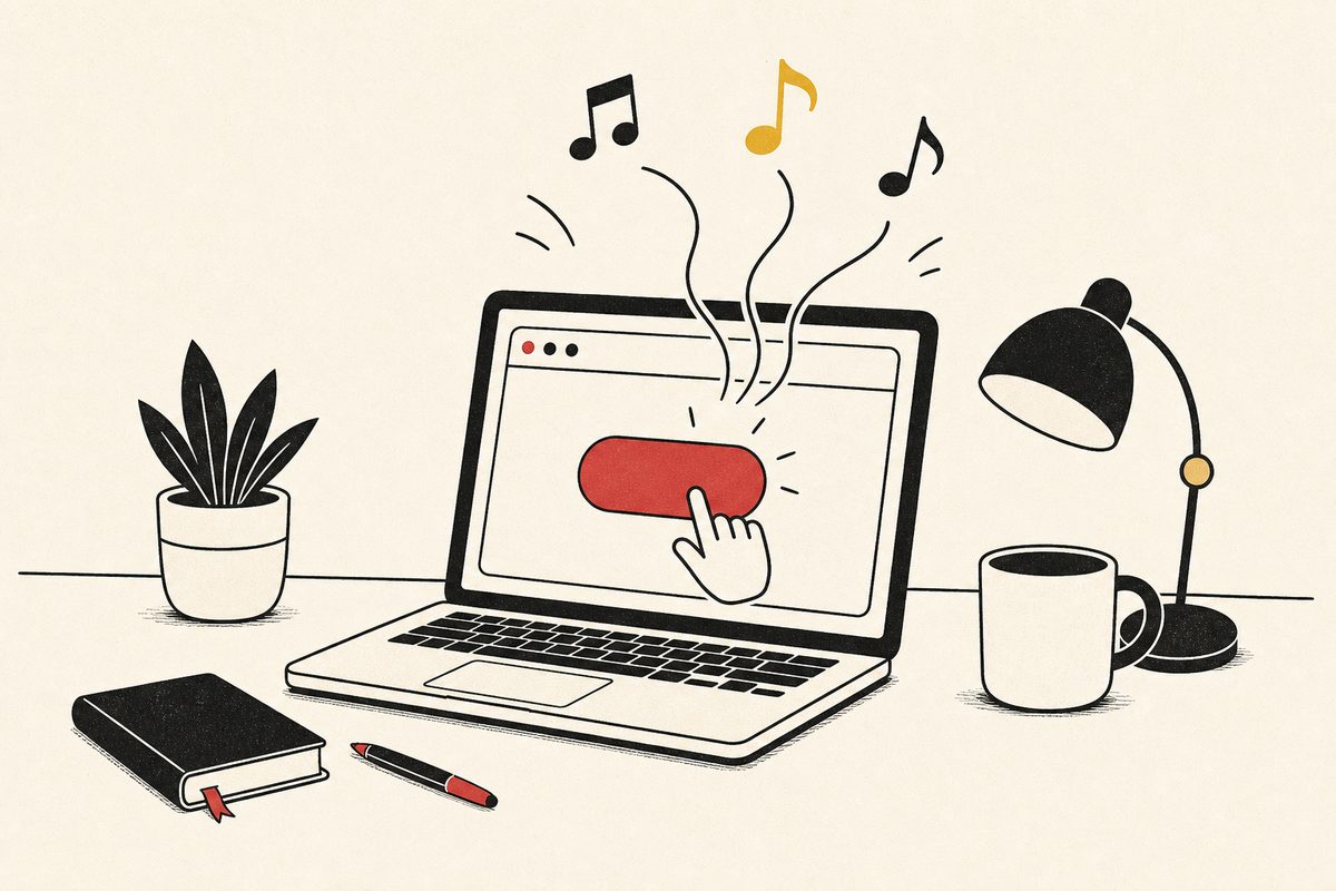Una laptop con un botón del que salen notas musicales