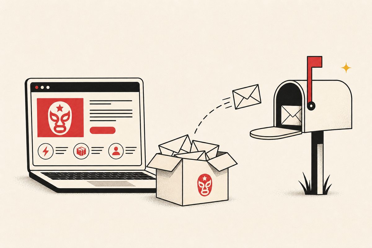 Una laptop y una caja con la máscara de MailMask de la que salen sobres hacia un buzón