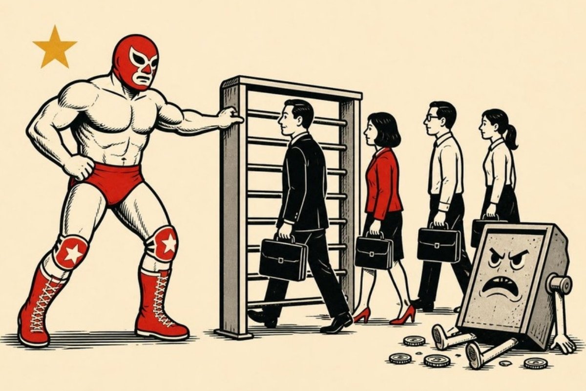 Un luchador enmascarado detiene abierta la puerta de un torniquete que cobra por persona mientras una fila de oficinistas pasa sin pagar, y el monstruo de la alcancía queda derrotado en el piso