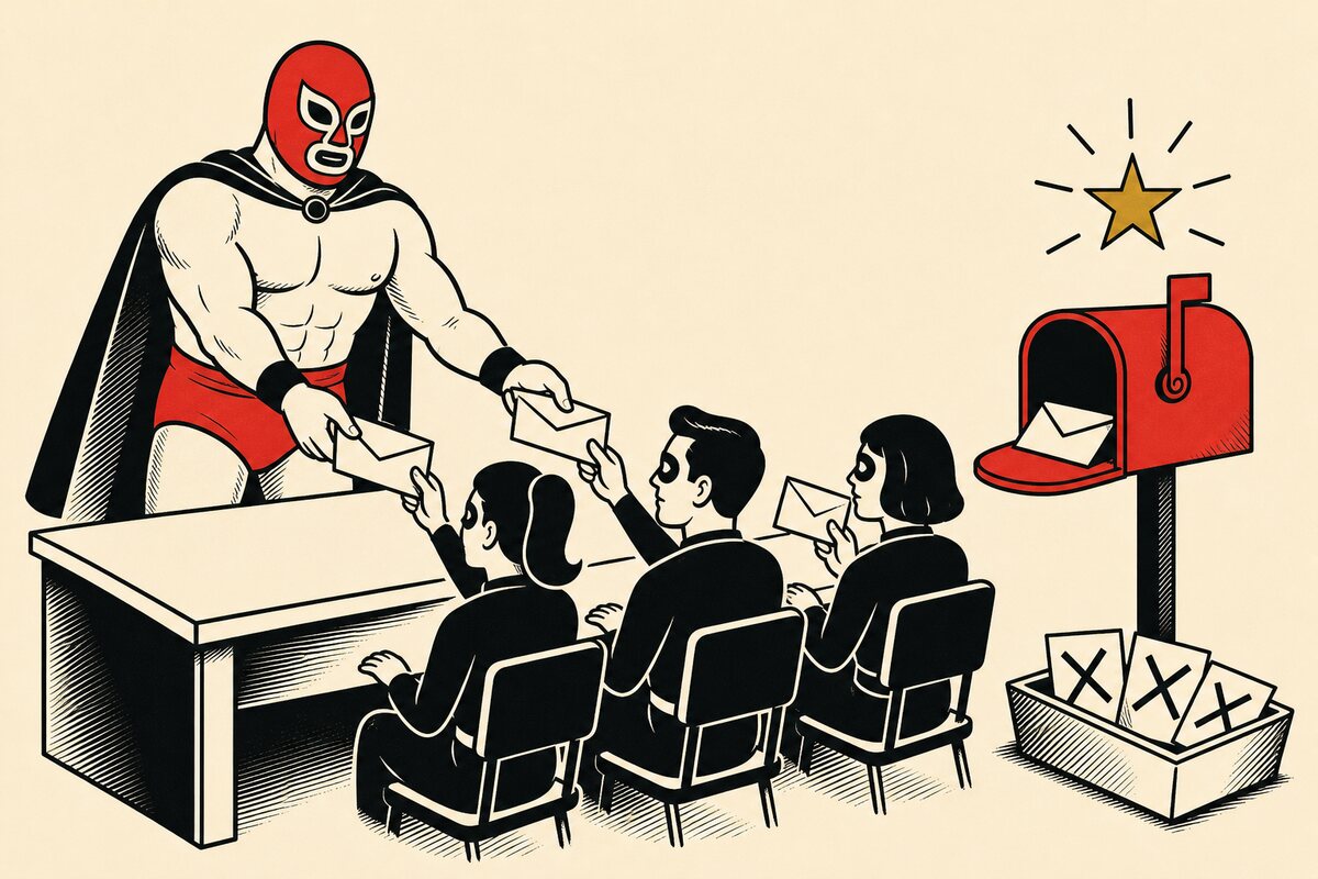 Un luchador enmascarado reparte un sobre a cada persona del equipo desde su escritorio, la bandeja compartida guarda una sola respuesta y los duplicados se quedan sin mandar