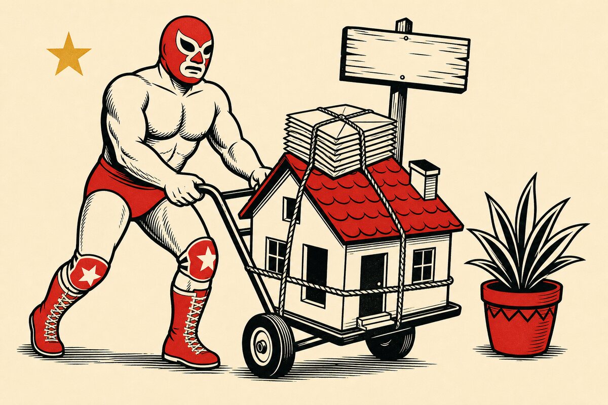 Un luchador enmascarado mueve una casa en una carretilla con el letrero del dominio, y los sobres van amarrados arriba sin caerse