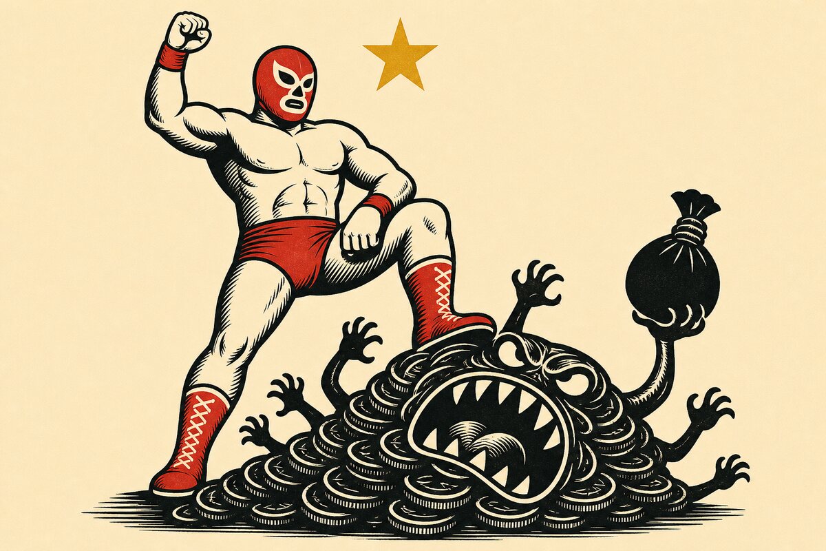 Un luchador enmascarado pone el pie encima de un monstruo hecho de monedas y manos que cobran, con el puño en alto y la estrella de la victoria
